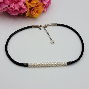 Vintage IWI Sterling Silver White Cultured Pearl Black Leather Cord Necklace 17"